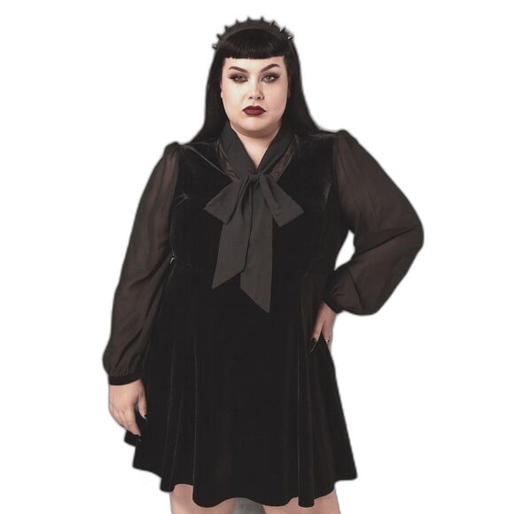 Hell Bunny Black Long Sleeve Velvet Bow Tie Mini Dress   Women's Plus Size 3XL - Picture 1 of 11